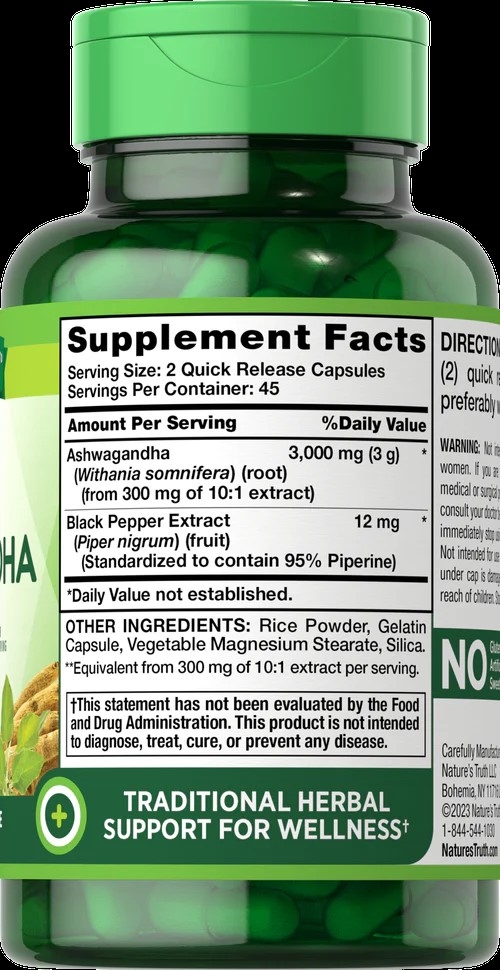 Nature’s Truth® Ашваганда Extra Strength 3 000 mg (90 бързо освобождаващи се капсули) - Image 2